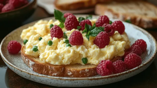 Fluffy scrambled eggs on toast topped with raspberries, peas, and mint on a speckled plate for a colorful brunch.