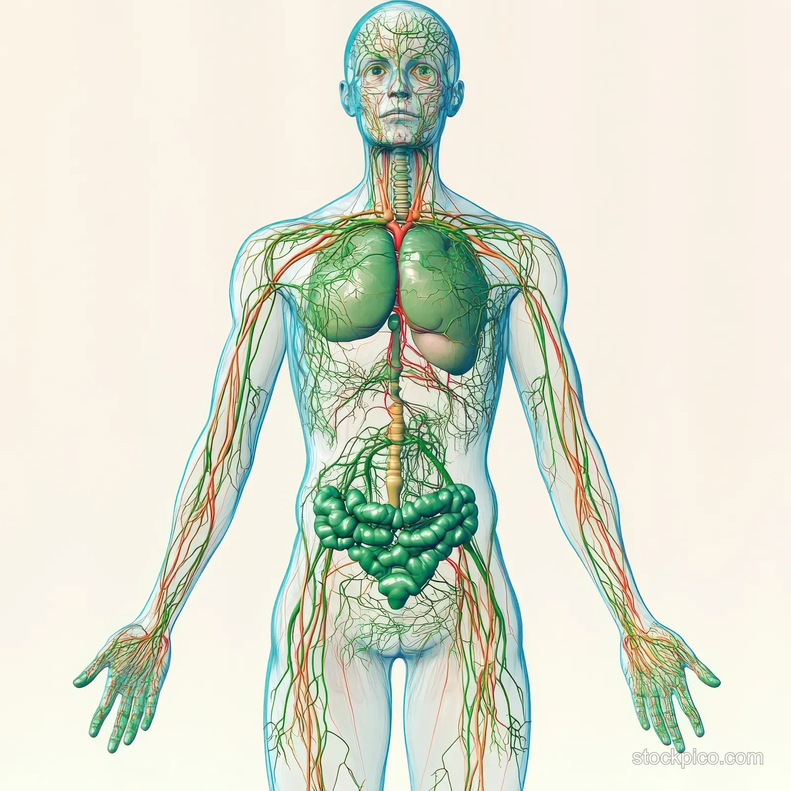 Transparent female torso illustration displaying colored lymphatic vessels and lymph nodes across the chest, abdomen, and arms.