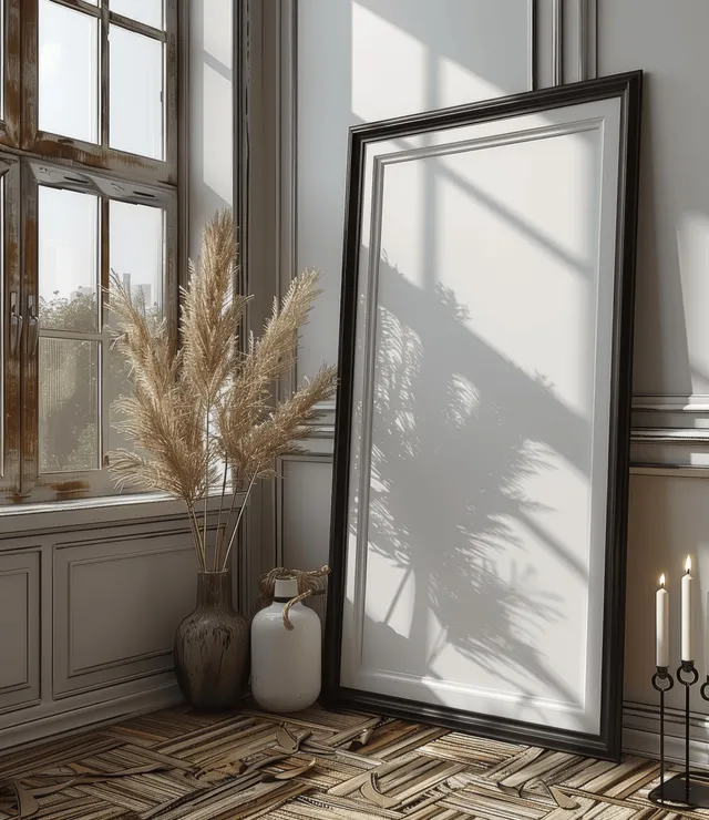 Black picture frame leaning on a parquet floor near a window with daylight leaf shadows on the wall.