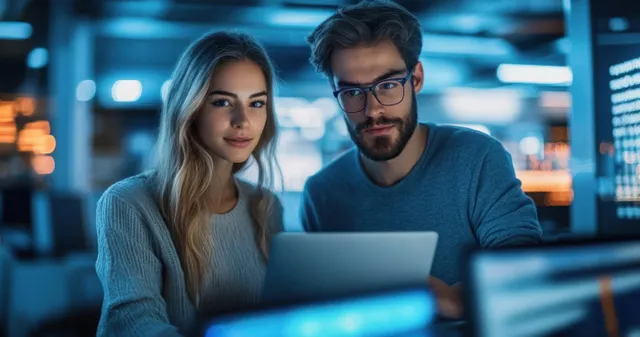 Multiracial engineers reviewing AI dashboard on laptops during late-night office standup