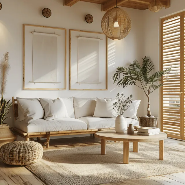 Scandinavian living room with white sofa, vertical framed posters, and warm wooden sunlight