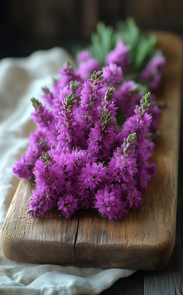 Purple heather sprigs arranged on weathered wood board with soft fabric background