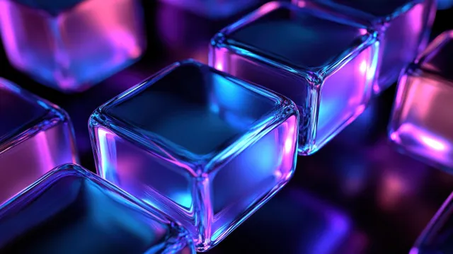 Cubos de vidrio translúcido iluminados con neón brillan en azul y morado sobre un fondo oscuro.