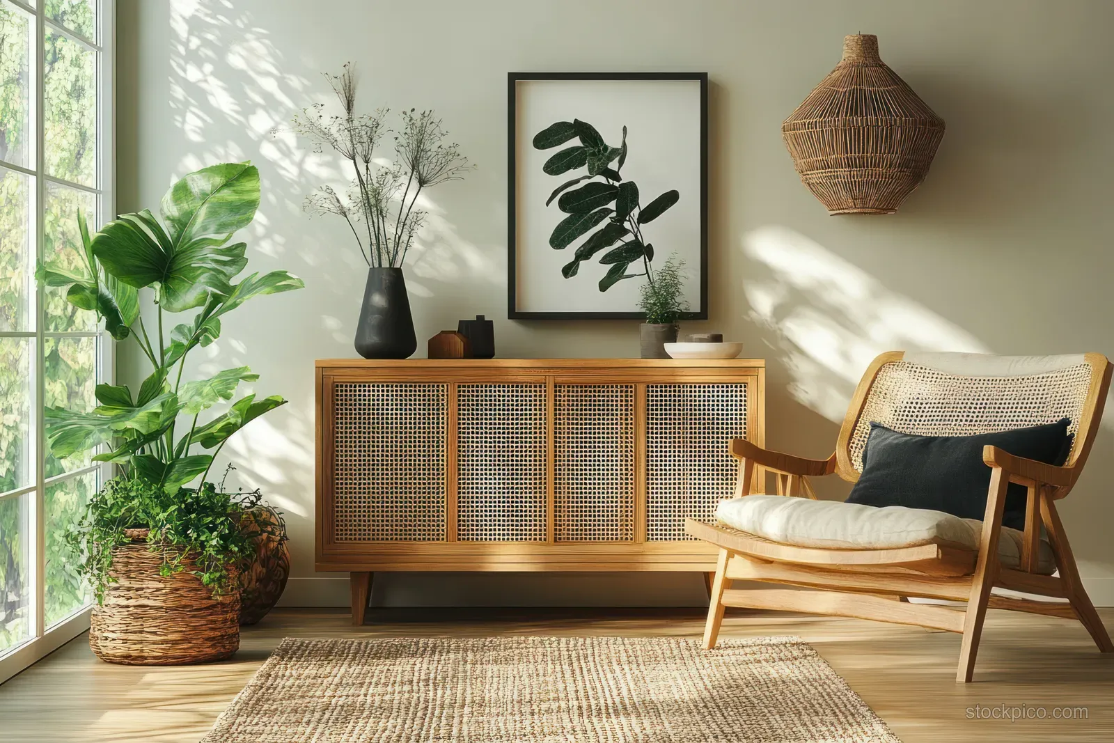 Scandinavian living room corner with rattan sideboard, armchair, plants, and warm sunlight spilling from a window.