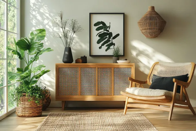 Cozy Scandinavian living room with rattan cabinet, armchair, and warm sunlight through window