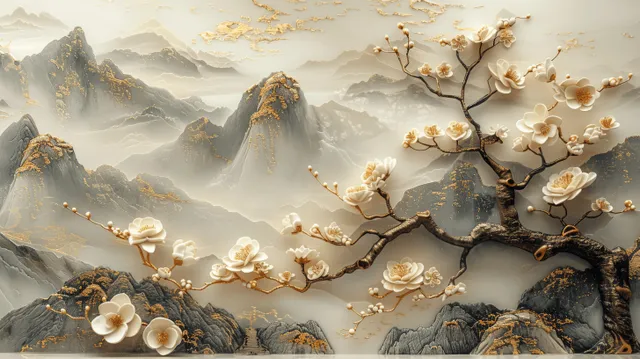 White blossom branches with golden highlights arch over misty mountains rendered with marble-like gold textures.