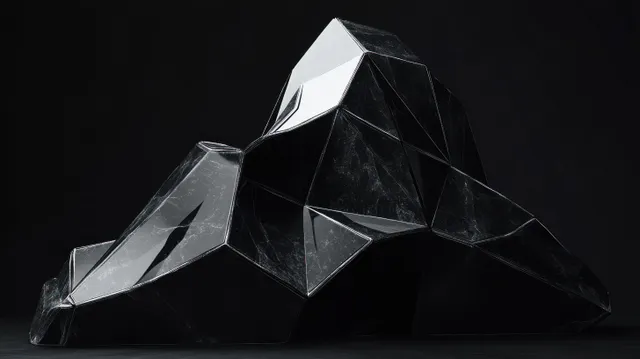 Black faceted geometric sculpture with reflective highlights against a dark studio background