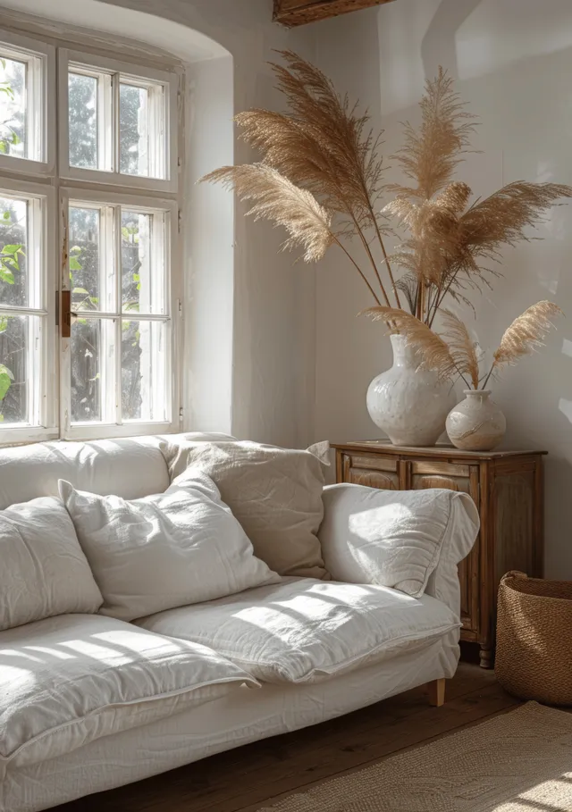 Bright coastal living room interior showing a white sofa, parquet floor, and pampas grass in a white vase on a sideboard.