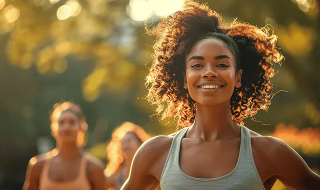 A woman smiling while practicing yoga outdoors with friends during golden hour in a park.