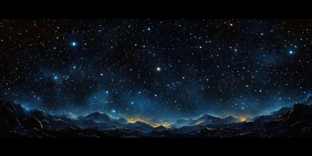 Star-filled night sky above dark mountains with glowing horizon