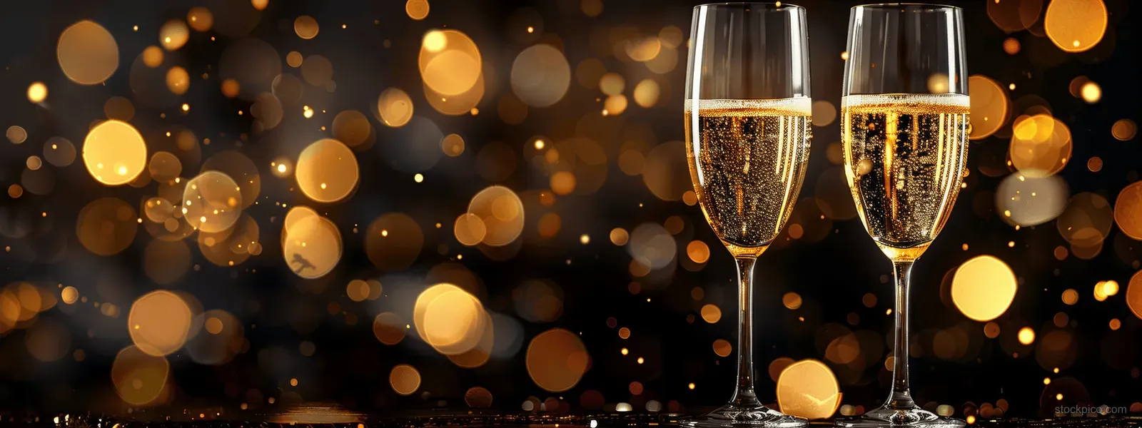 Two champagne flutes clink against a dark background filled with warm golden bokeh lights.
