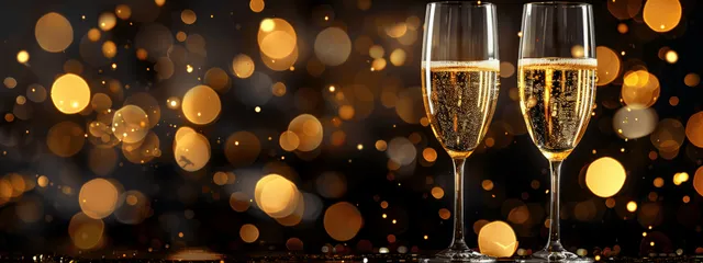 Two champagne flutes clinking above dark golden bokeh lights for a New Year toast