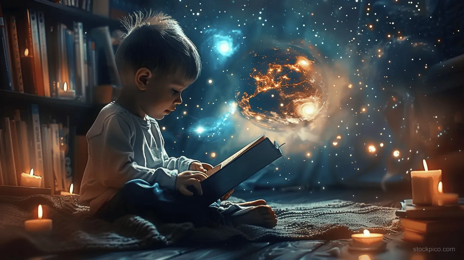 A little boy reads a glowing magic book while planets and stars float around him in a candlelit room.