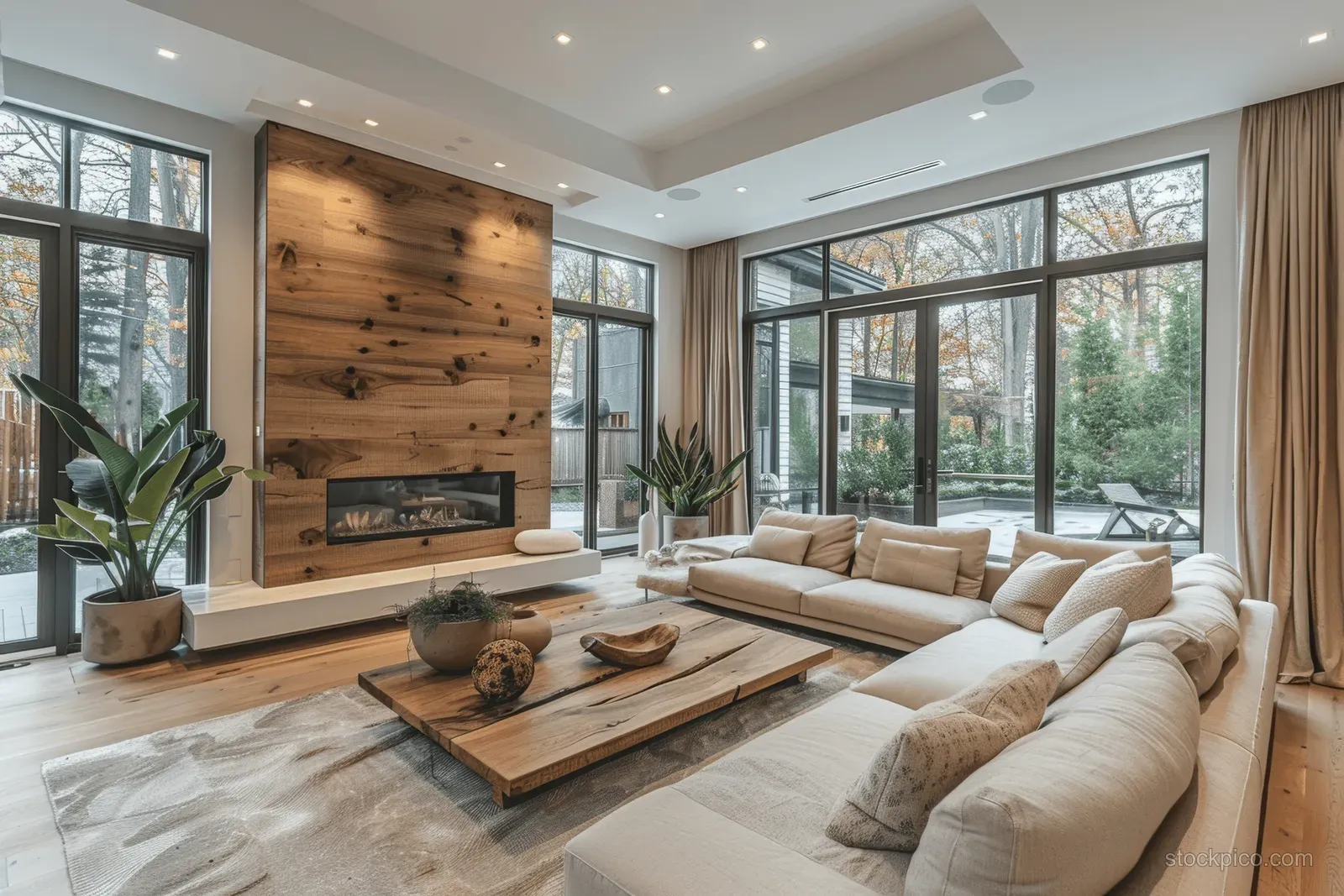 Beige sectional sofa and wooden coffee table sit in a Scandinavian living room beside a lit stone fireplace.