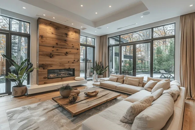 Beige sectional sofa and wooden coffee table sit in a Scandinavian living room beside a lit stone fireplace.
