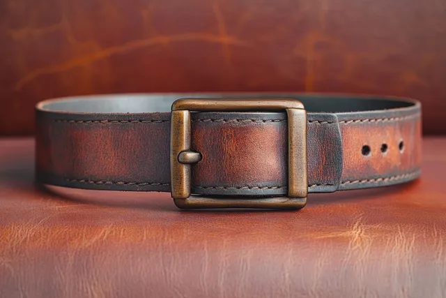 A worn brown leather belt with a square metal buckle lies on a matching textured leather background.