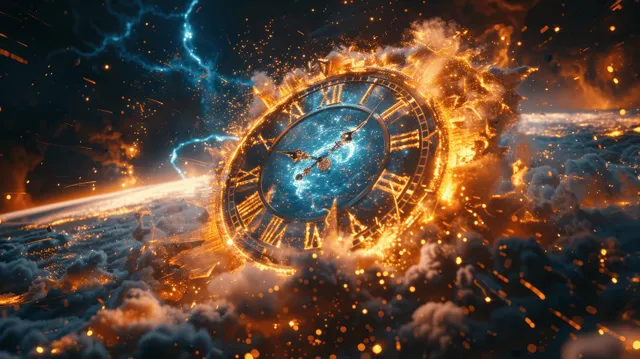 A glowing clock face explodes in space with blue time-warp rings, sparks, and scattered debris over stars.