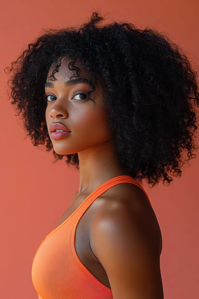 A young woman with natural curly hair wears an orange sleeveless top against an orange studio background in side profile.