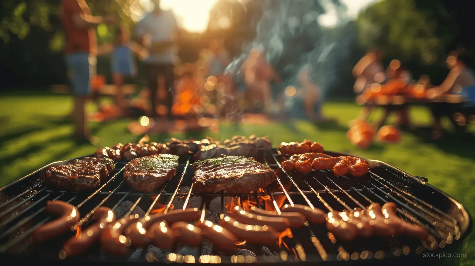 Sausages and steaks sizzling on a barbecue grill in a sunny backyard while a picnic scene blurs in the background.