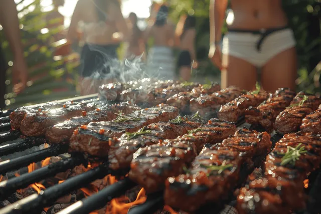 Summer backyard barbecue grill close-up with sizzling meat and family conversation glow
