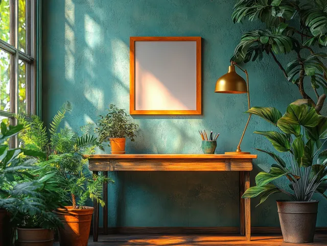 Wooden console table under a blank frame with a lit brass desk lamp and many potted green plants.