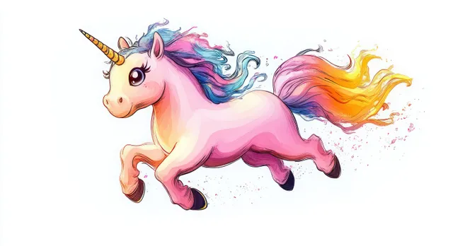Pink unicorn galloping forward with flowing blue purple mane and fiery orange tail