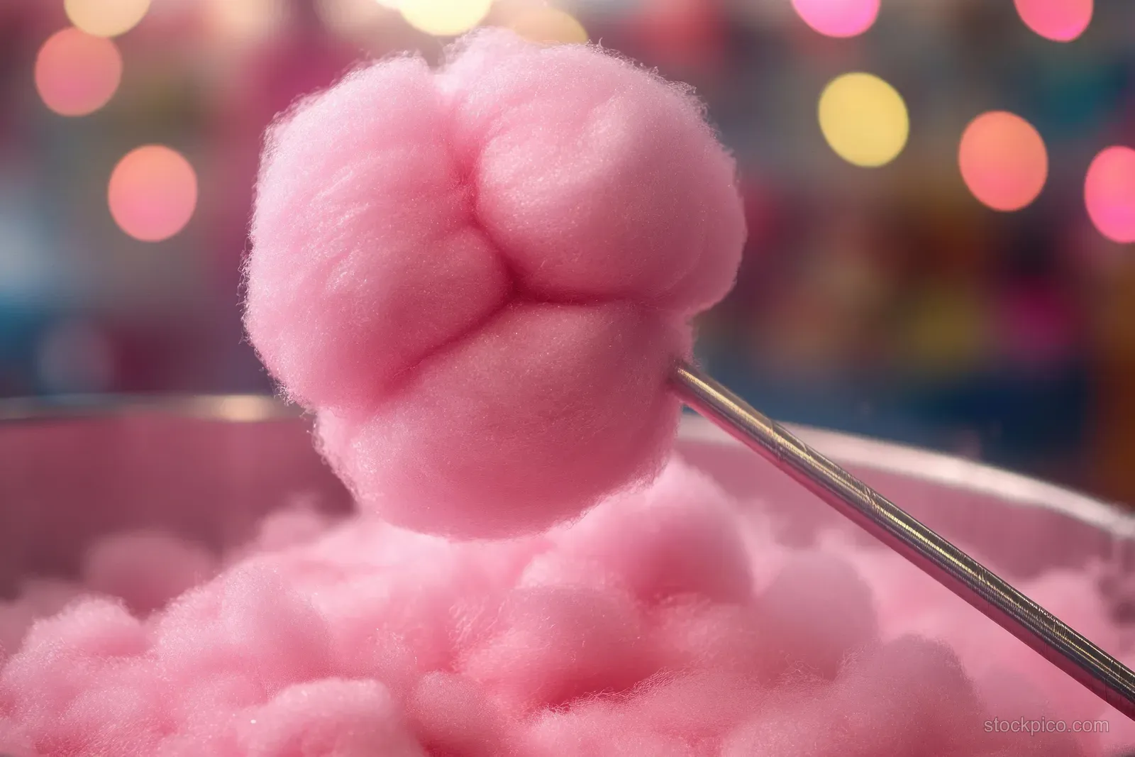 Soft pink cotton candy on a metal stick with colorful blurred festival lights behind it.