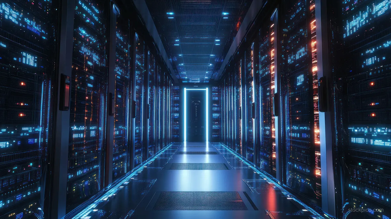 A hallway of server racks glows with blue LEDs and projected data lines stretching toward a bright vanishing point.