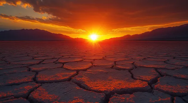 Sunset over desert road with cracked asphalt, glowing horizon, and bokeh light.