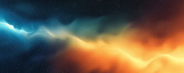 Degradados de luz granulados en forma de ondas azules, naranjas y amarillas brillan sobre un fondo negro oscuro.