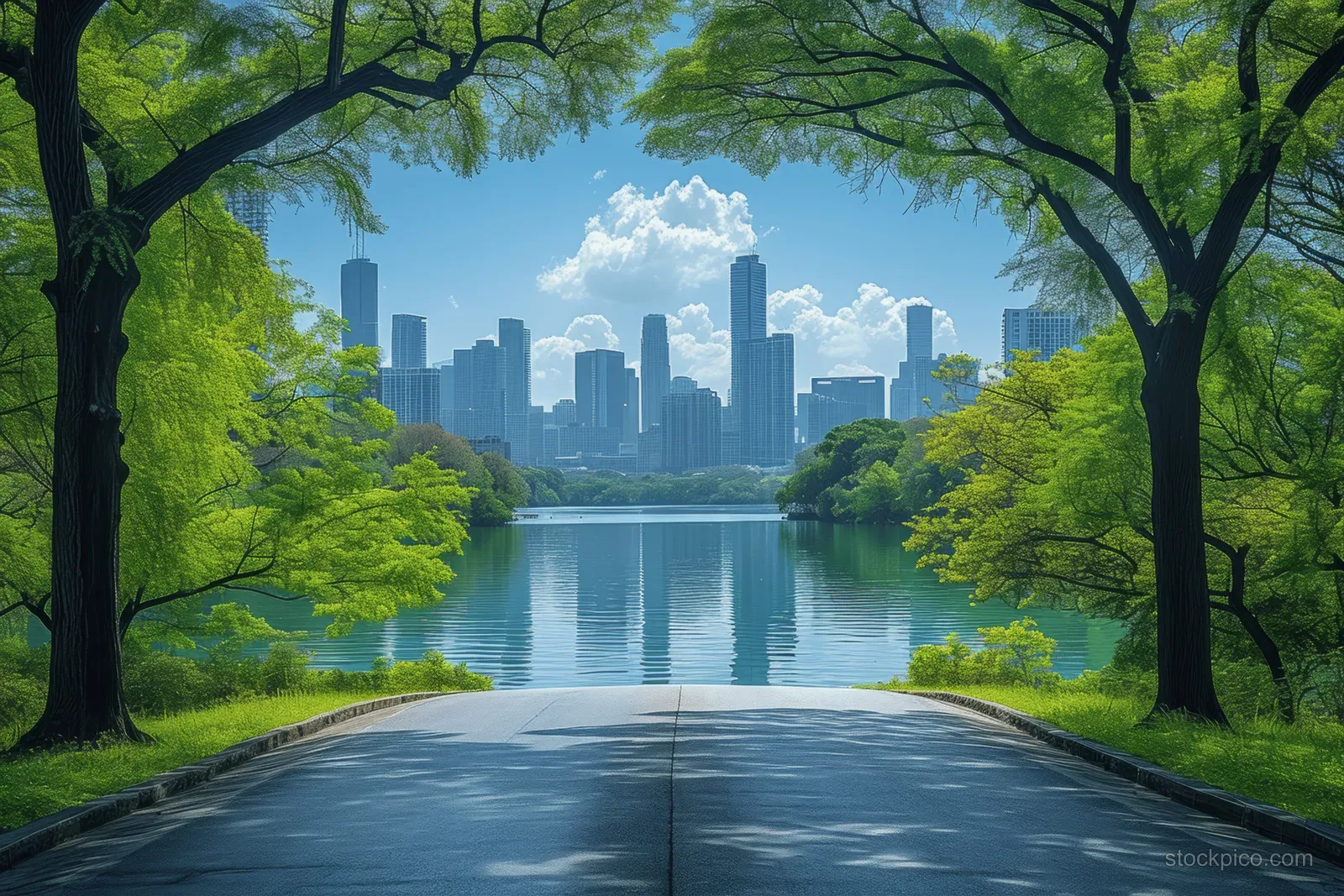 A straight highway toward a calm lake with a city skyline in the distance, framed by green trees.