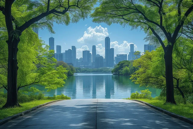 Highway leading to calm city skyline across a wide open lake, framed by lush trees