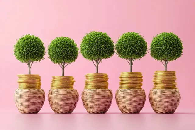 Five green money-tree saplings sprouting from gold coin stacks in wicker pots