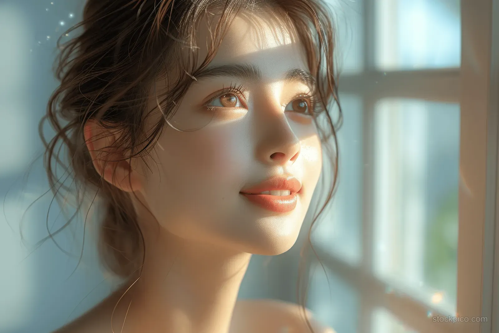 Japanese woman smiling in soft sunlight during an indoor skincare portrait, showing glowing natural skin.