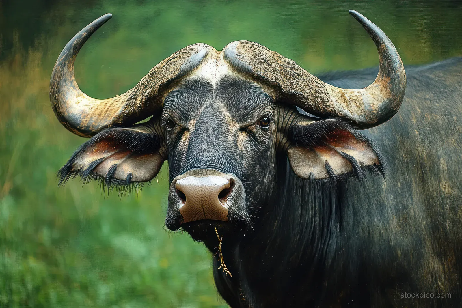 A wild buffalo close-up with curved horns and textured fur against a blurred green outdoor background.