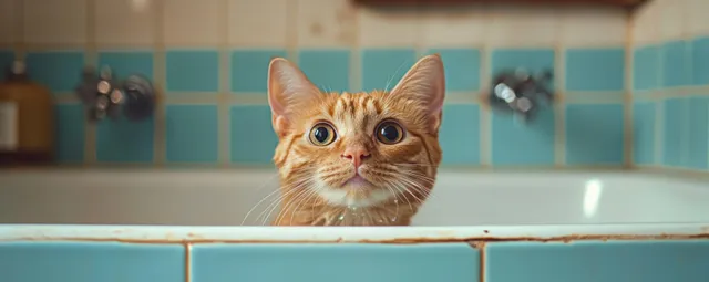 A curious orange tabby cat with wide eyes peeks over the edge of a blue tiled bathtub in a calm indoor setting.