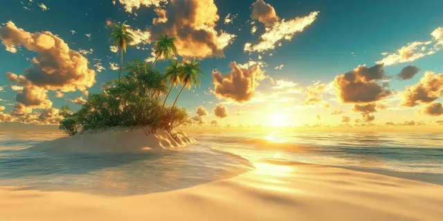 Palm trees on a sandy tropical island along a calm ocean with golden sunset light and dramatic clouds.