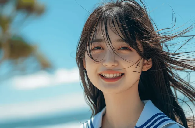 Smiling Japanese schoolgirl in a blue sailor uniform outdoors with wind-tossed hair under a clear summer sky.