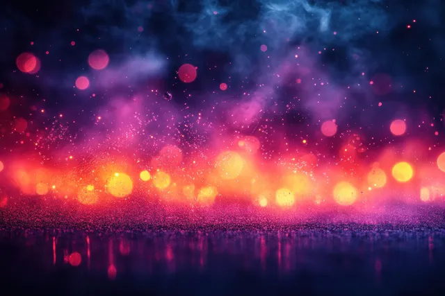 Colorful bokeh light reflections glow over dark misty water at night