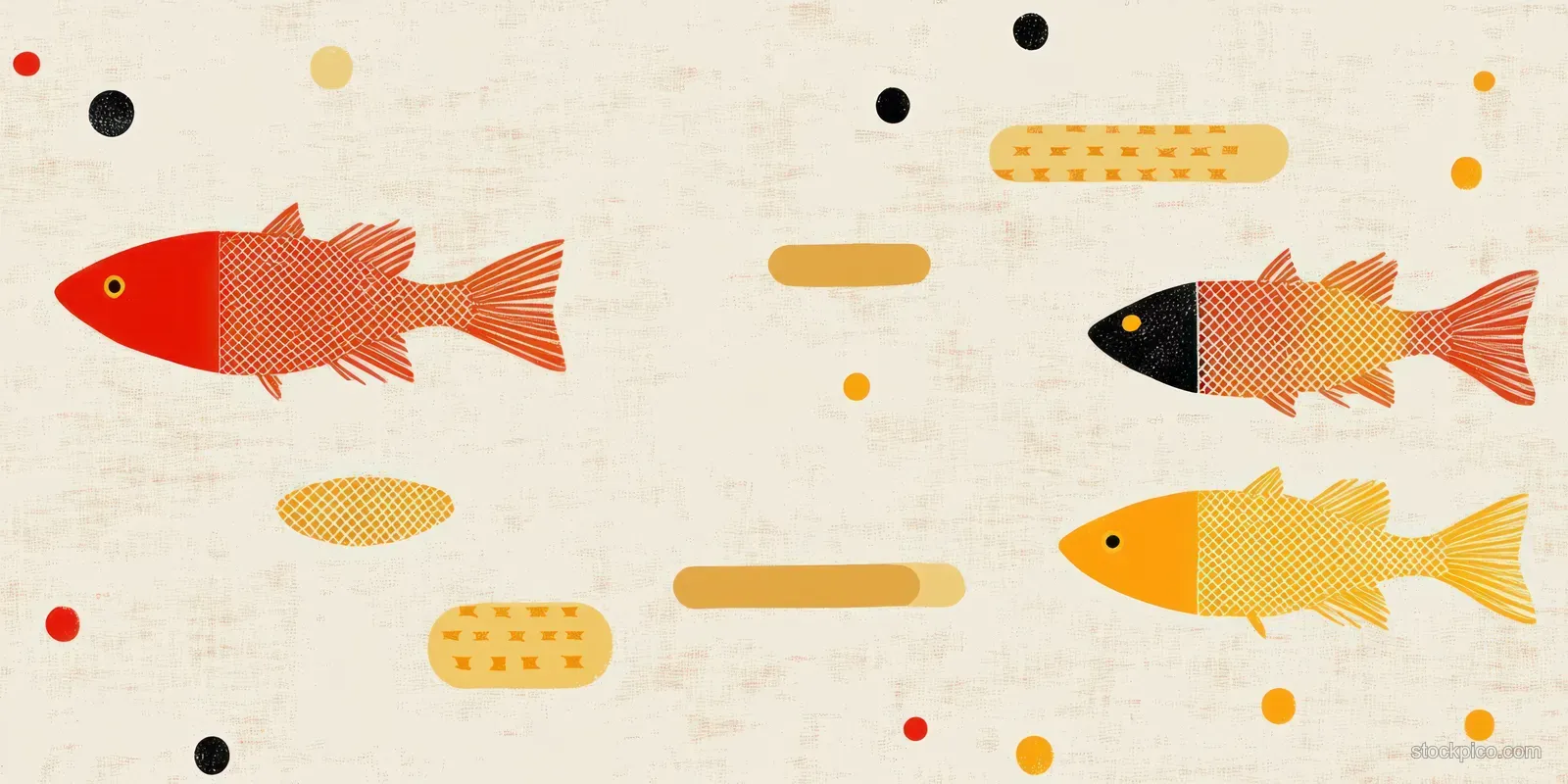 Three orange geometric fish swim on a pastel background with scattered dots and pill shapes.