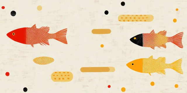 Three orange geometric fish swim on a pastel background with scattered dots and pill shapes.