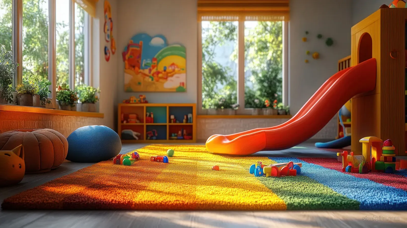 Children’s playroom inside a school with a red slide, colorful carpet, and toys near tall windows.