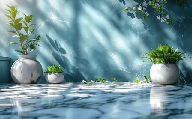 White marble tabletop with dappled leaf shadows and small potted plants against blue wall