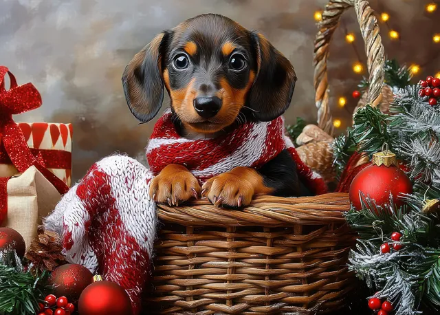Dachshund puppy in a wicker basket wearing a red-and-white knitted scarf, surrounded by Christmas decorations and gift boxes.