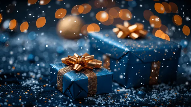 Impressionist blue gift boxes with gold ribbons on a snowy holiday table with warm glowing bokeh lights behind.
