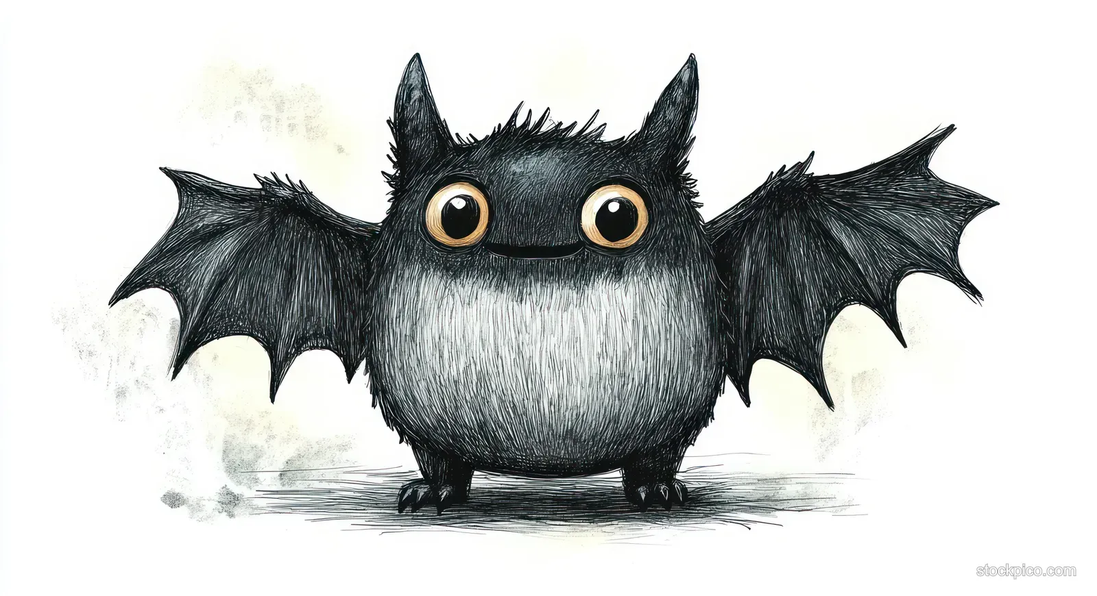 A cute black and white cartoon bat with big round eyes stands on a snowy ground, wings spread.