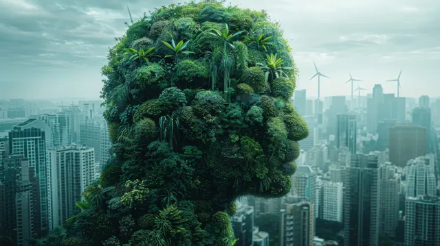 A plant-covered head sculpture overlooks a futuristic city skyline with wind turbines in cloudy light.