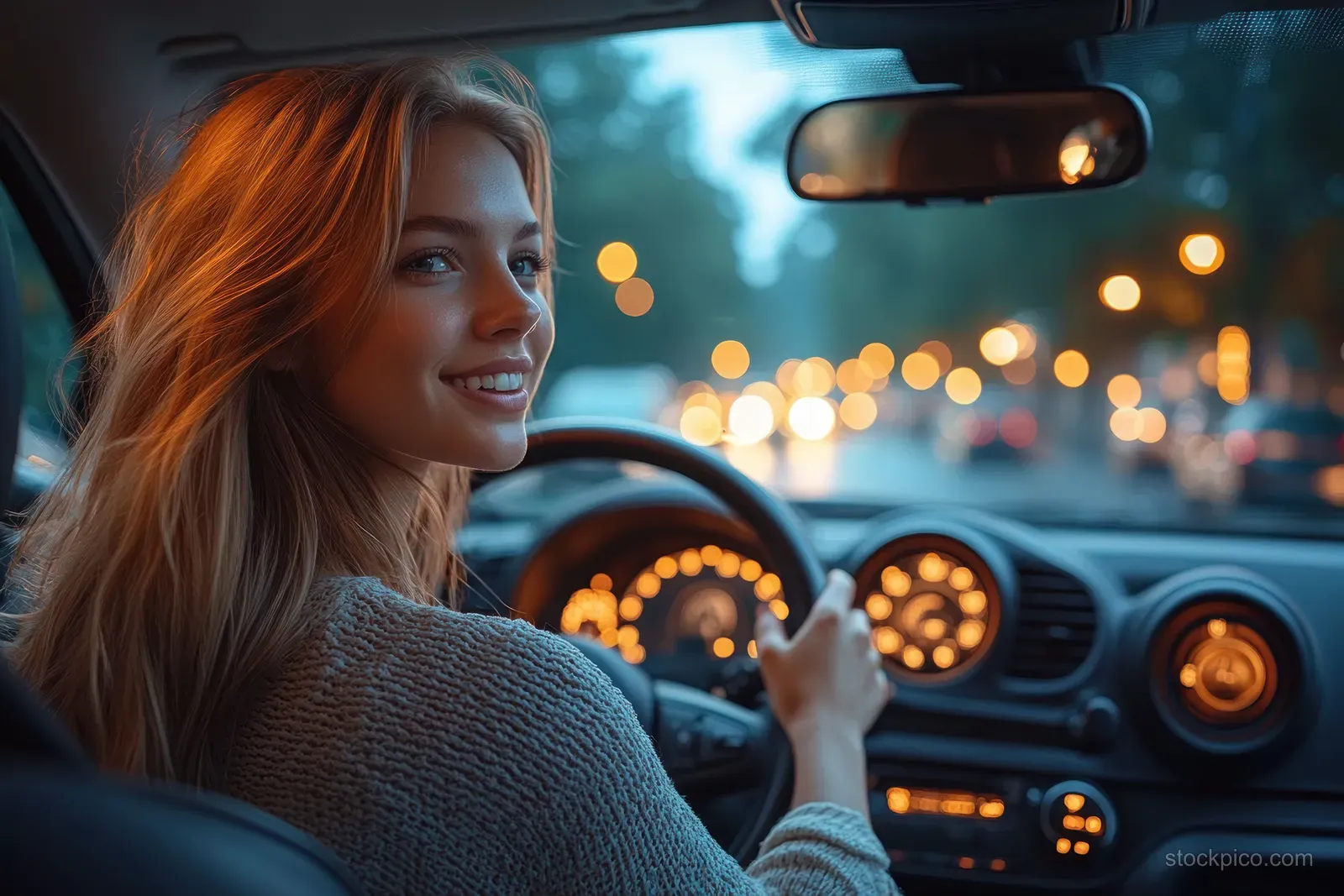 Young woman driving a car and smiling while singing at dusk.