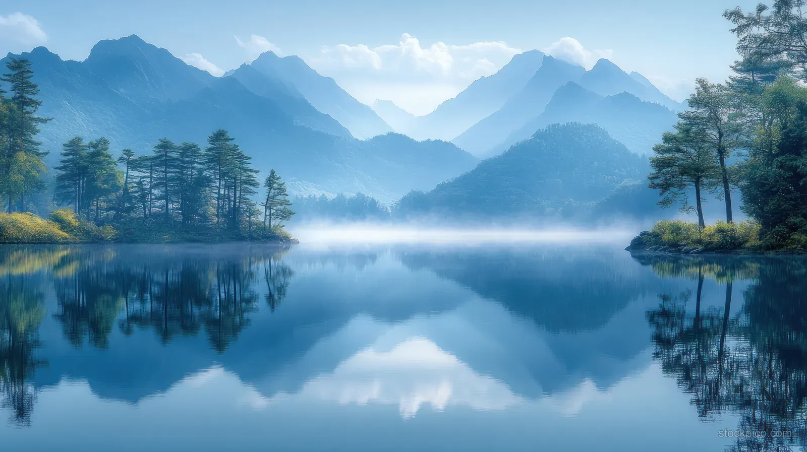 A still blue lake reflects misty mountains and a line of dark trees under soft dawn light.