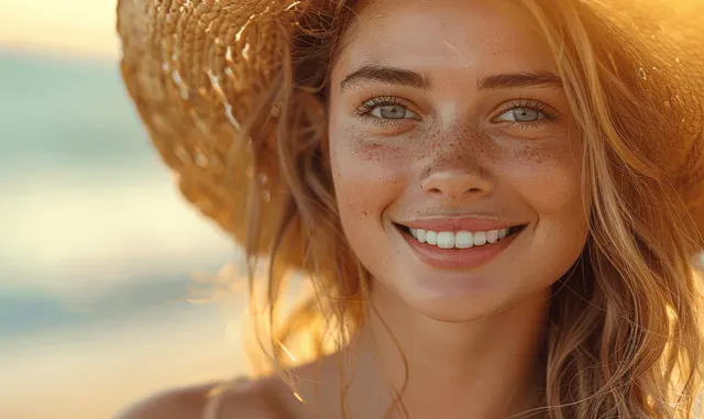 Smiling young woman enjoys sunny beach day, straw hat close-up in golden sunlight